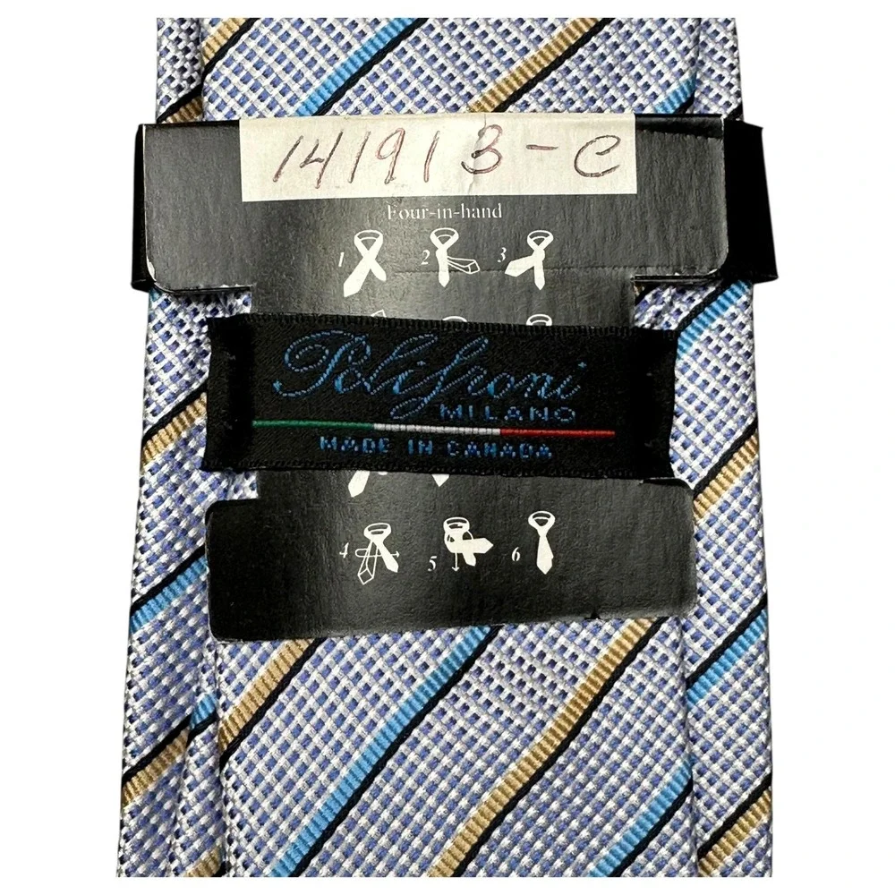 NWT Polifroni Milano Tie Mens Blue Gold Striped Italian Silk Handmade Necktie‎